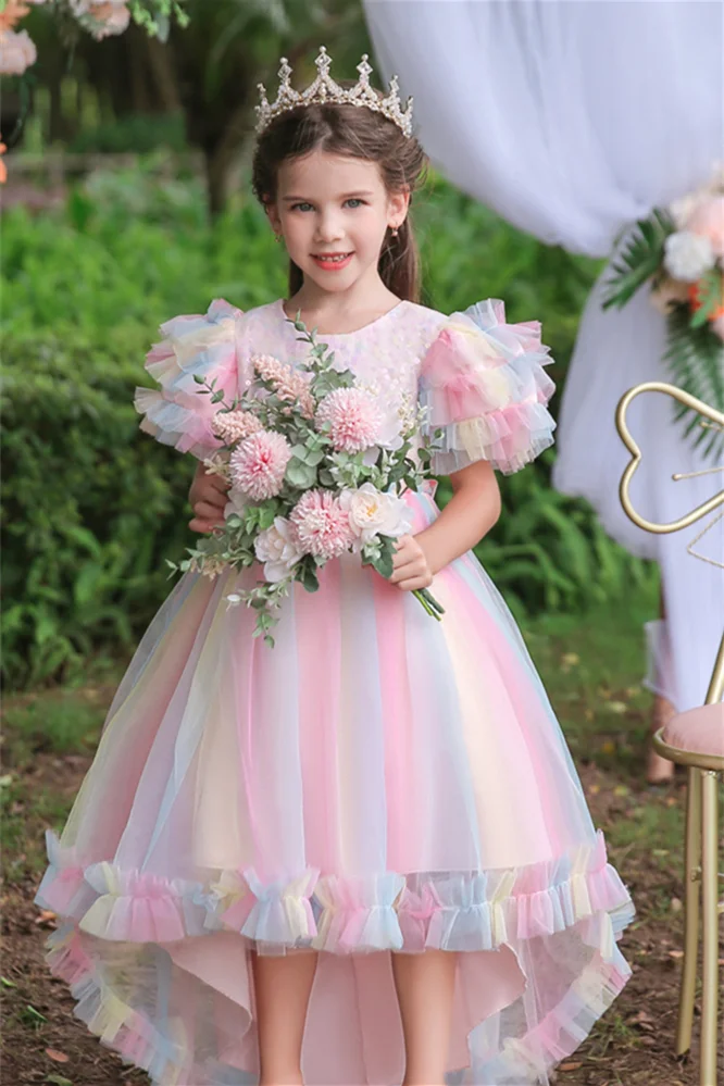 Luluslly Tulle Sequins Flower Girl Dress Long With Short Sleeves