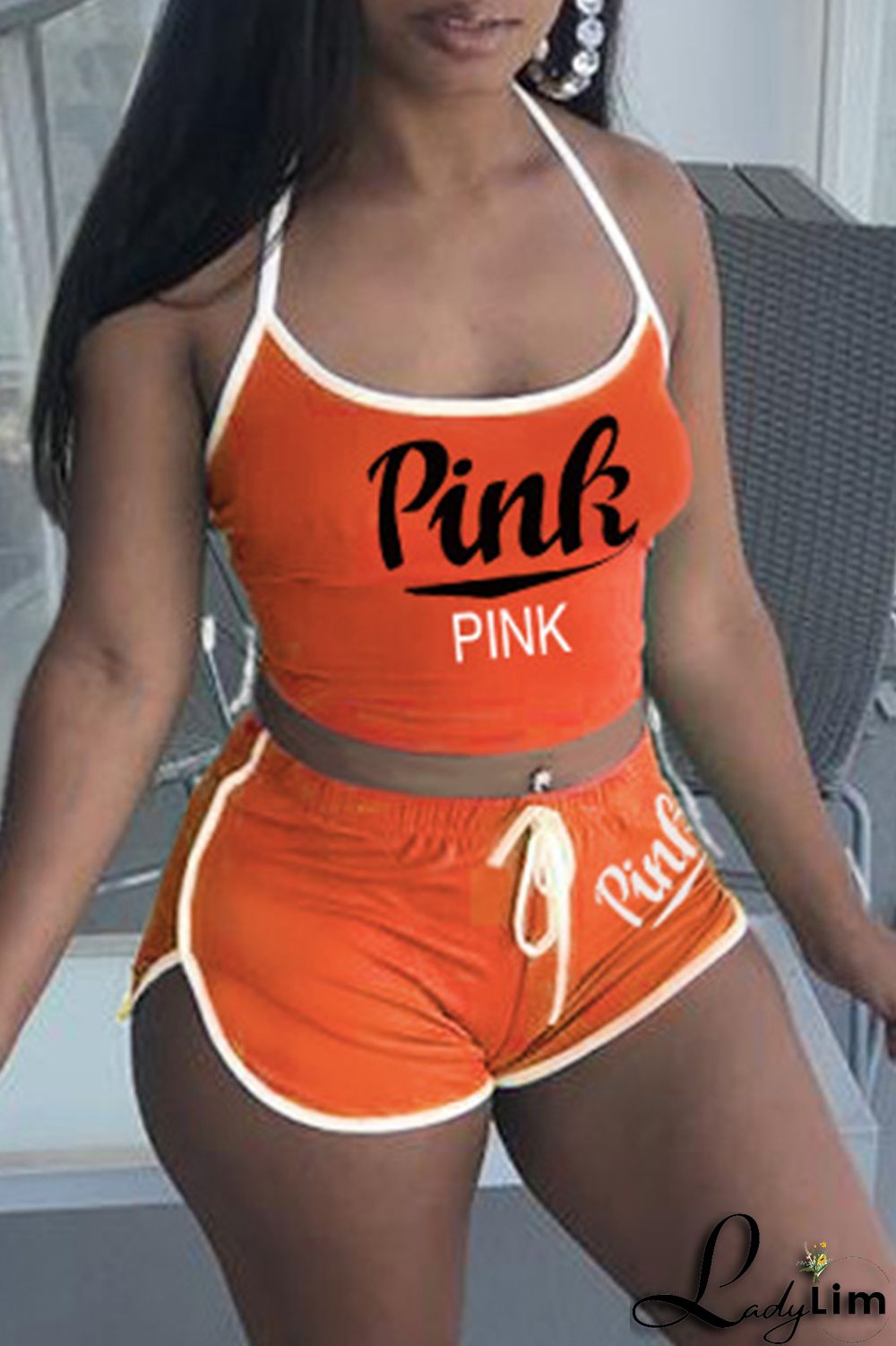 Burgundy Sexy Casual Letter Print Backless Halter Sleeveless Two Pieces