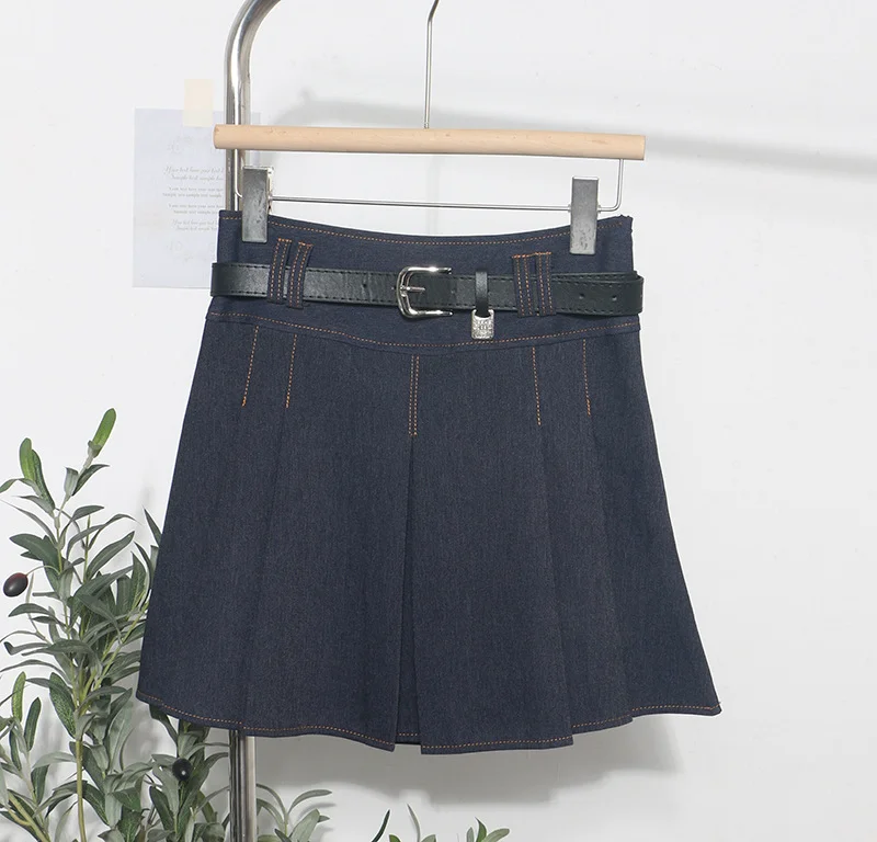 Uveng Spring And Summer Women's Retro Modern Hit Color Clear Line Pressure Skirt Anti-Light Short Skirt With Belt 8299