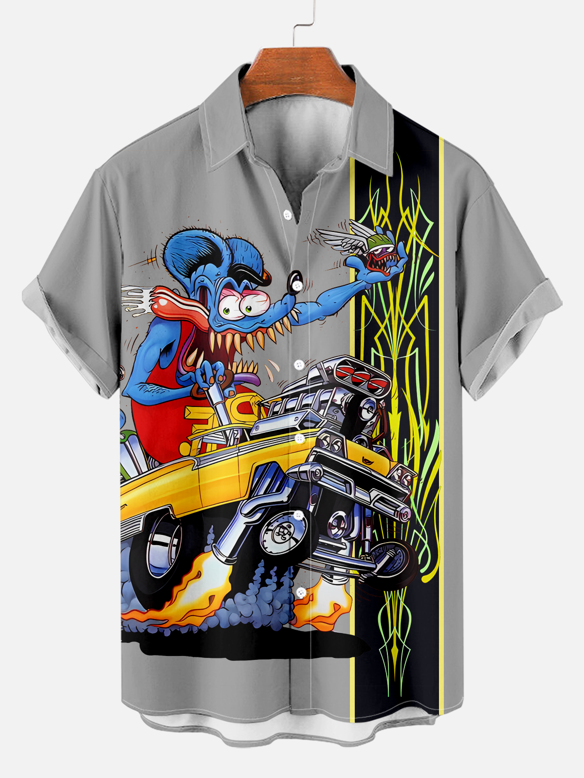 Men's retro modified car cartoon geometric line print shirt PLUSCLOTHESMAN