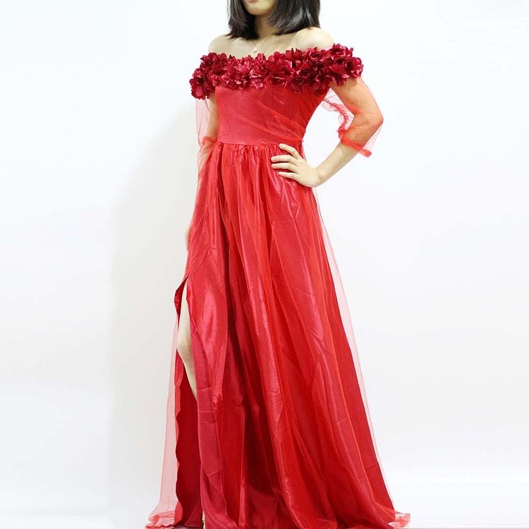 Promsstyle Off sholder petal mesh solid color maxi dress Prom Dress 2023