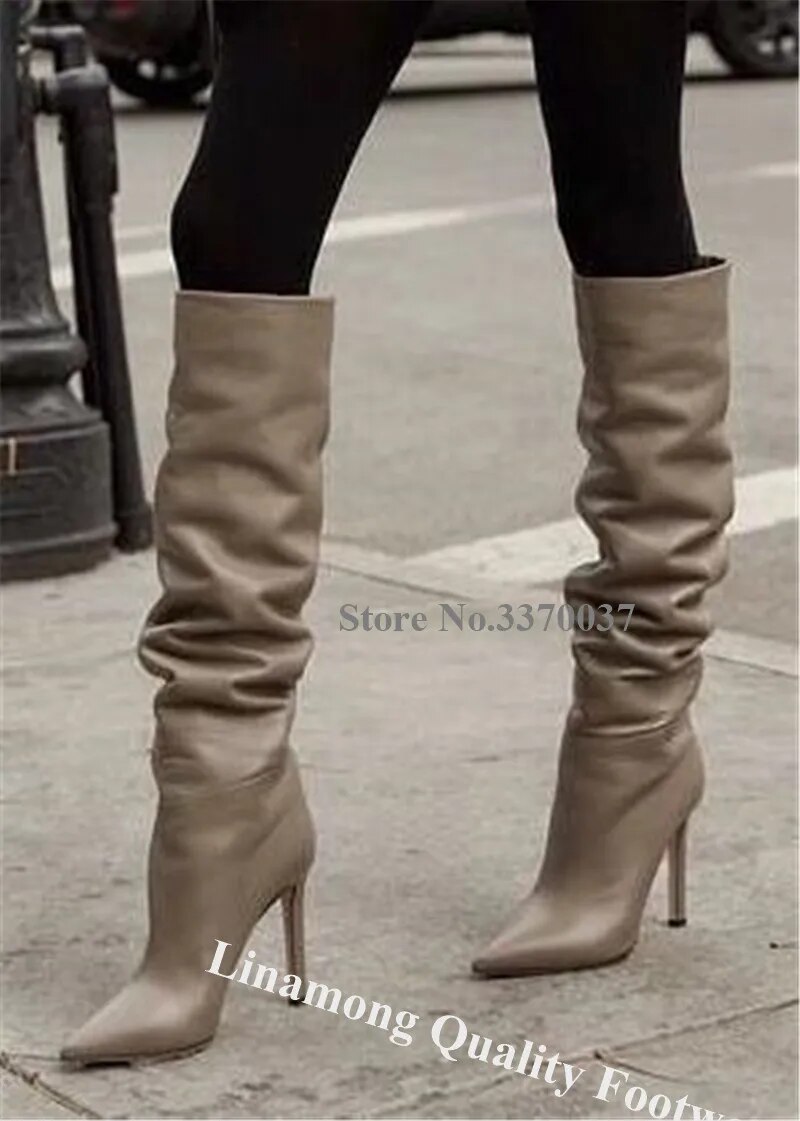 VCSHOES Women Pointed Toe Stiletto Heel Knee High Boots Leather Long High Heel Boots Evening Dress Shoes