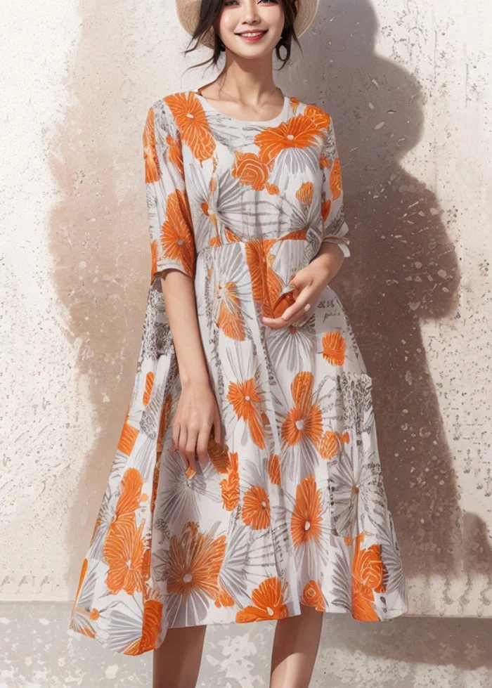 Orange Print Draping Silk Maxi Dress Oversized Summer