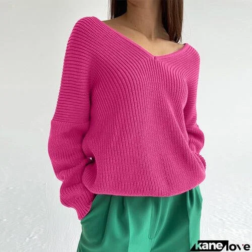 V-Neck Dropped Shoulder Long Sleeve Sweater