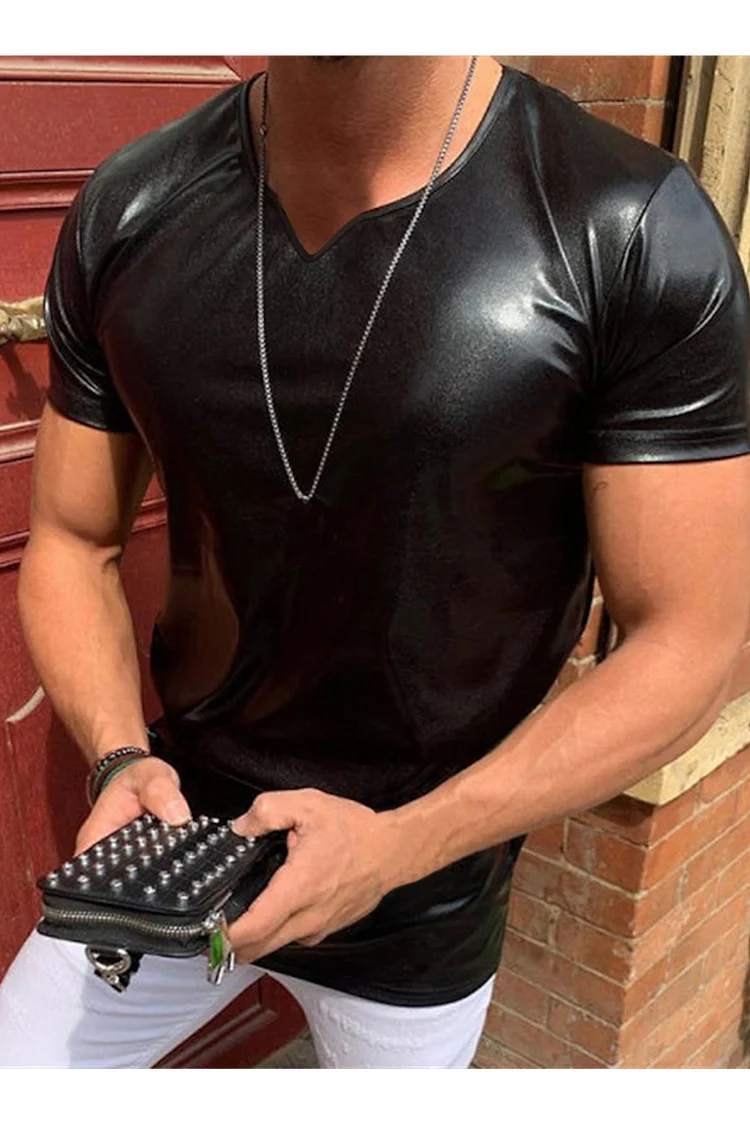 PU Leather Crew Neck Short Sleeve Casual Slim T-shirt