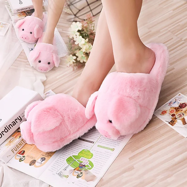 Women Plush Pink Pig House Slippers Floor Shoes Indoor Winter Warm Comfort Casual