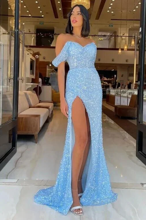 Luluslly Off-the-Shoulder Sky Blue Prom Dress Sequins Long With Slit