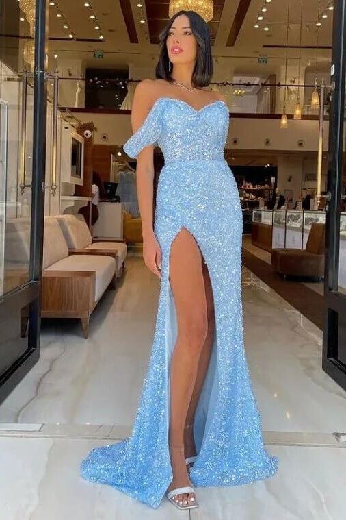 Bellasprom Off-the-Shoulder Sky Blue Prom Dress Sequins Long With Slit