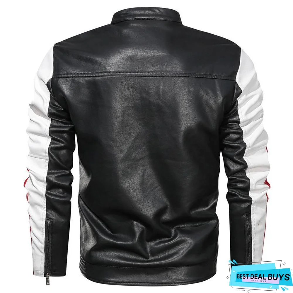 Men's Leather Jacket Casual Fashion Stand Collar Motorcycle Jacket Men Patchwork Quality Leather Jacket