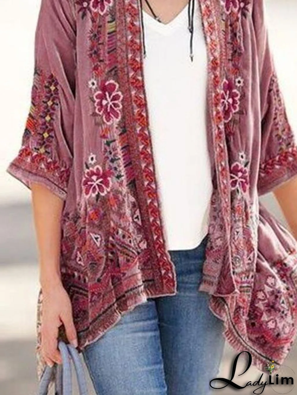 Ethnic Floral Half Sleeve Curve Hem Velvet Cardigan