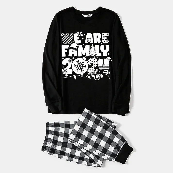 "We are Family 2024" White Letter Print Black Long Sleeve Top with Black And White Plaid Pants Family Matching Pajamas