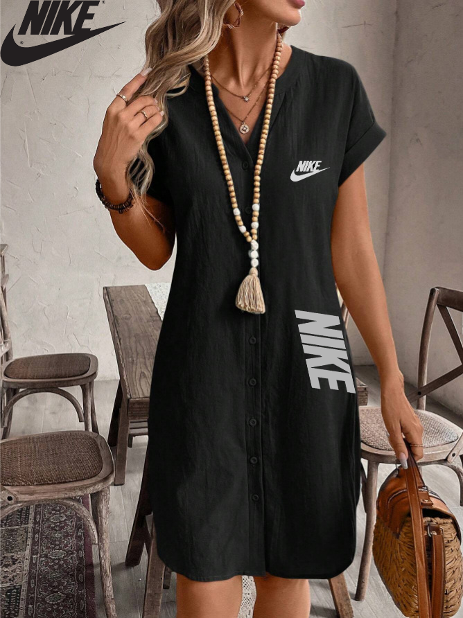 💃NIKE 2025 nové bavlněné lněné volné šaty s výstřihem do V a krátkými rukávy