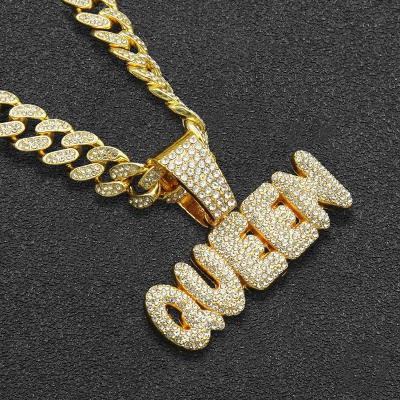 1 Men's Diamond QUEEN Letter Hip Hop Hipster Full Diamond Hip Hop Necklace Pendant Accessories Cuban Chain