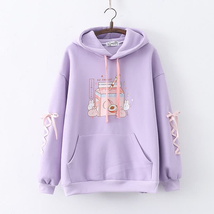 Cartoon Bunny Drinks Print Lace Up Pocket Plush Hoodie - Modakawa modakawa