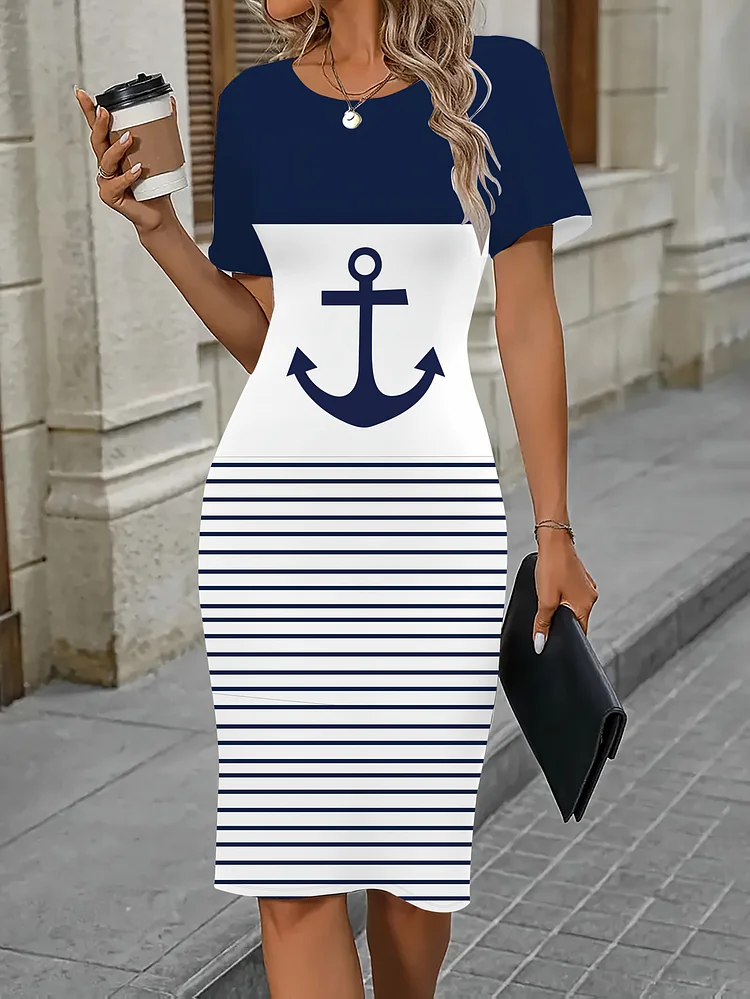 Women's Casual Navy Blue & White Striped Anchor Print Short Sleeve Dress - Machine Washable Round Neck All-Season Comfort Fit, Versatile Outfit, Nautical Theme, Lightweight Material, Travel Clothing