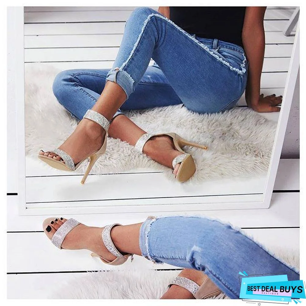 Women Rome Style Heeled Sandals Glitter Crystal Open Toe Zipper Shoes