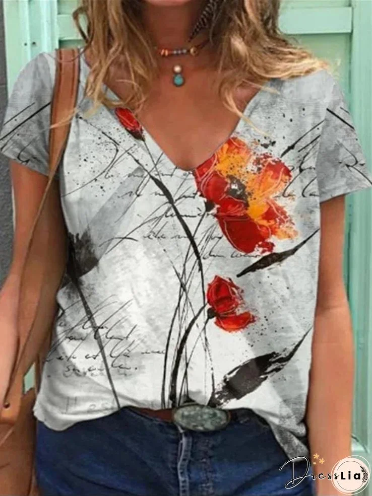Floral Print Loose Short-sleeved Top for Women