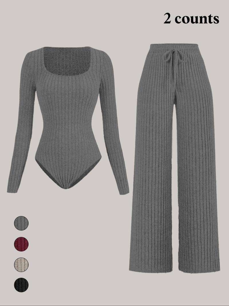 Women's Slim-Fit Solid Color Ribbed Fleece Jumpsuit Set, Wide Leg Pants, Fashionable Comfortable Fabric for Daily Wear