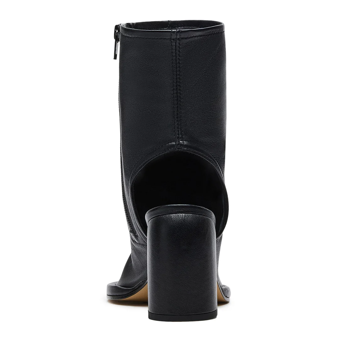 Black Vegan Leather Open Toe Cut-Out Ankle Boots with Side-Zipper