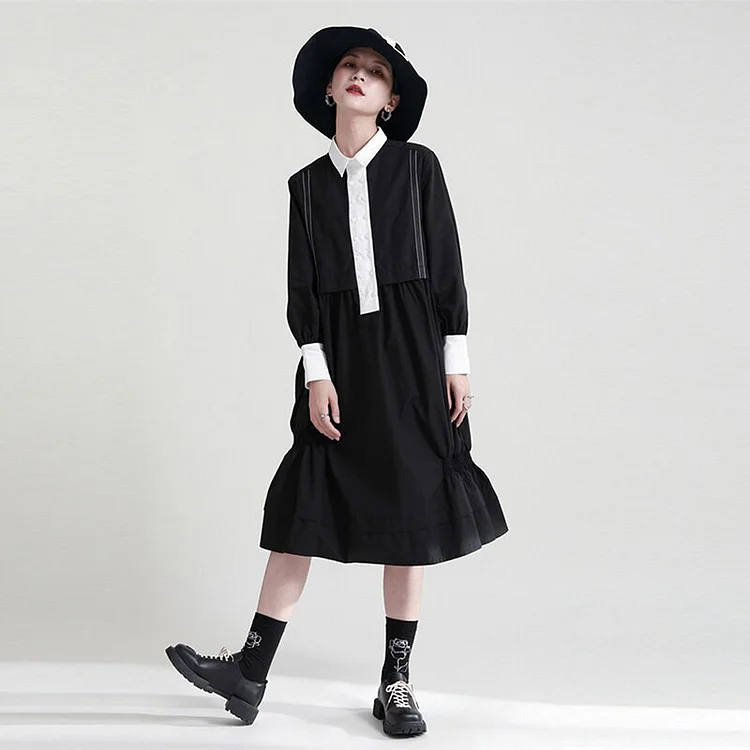 Elegant Lapel Contrast Color Patchwrok Folds Hem Long Sleeve Shirt Dress     