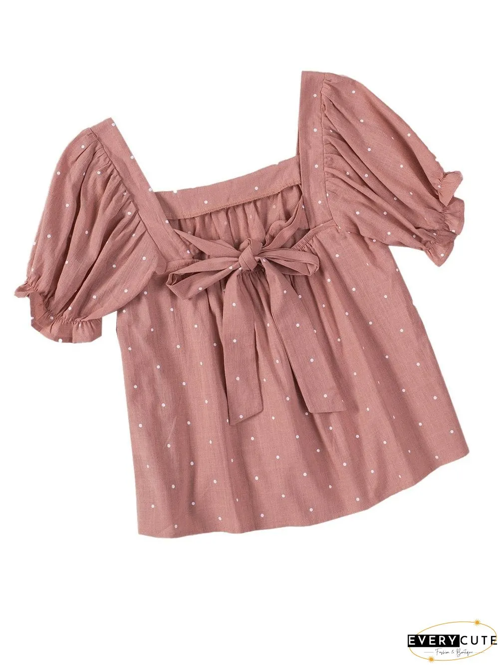 Pink Polka Dot Square Neck Puff Sleeve Blouse with Tie Back