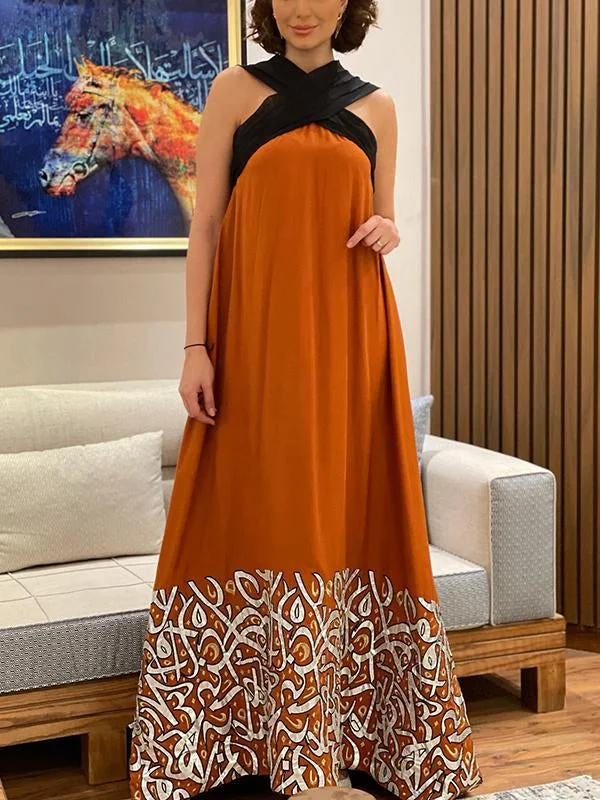 Halter orange and black printed maxi kaftan dress [PRE-ORDER]