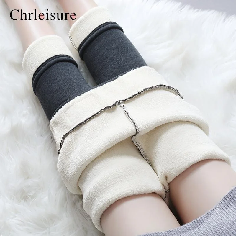 CHRLEISURE Winter Warm Pants Women 2 Pcs Velvet Thick Legging High Waist Push Up Elastic Sports Pants Warmth Lamb Wool Pants