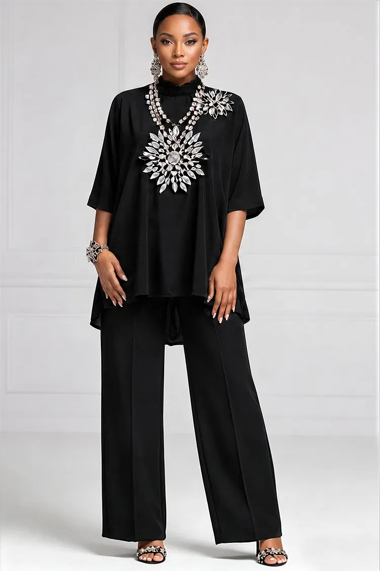 Xpluswear Design Plus Size Business Casual Black Mock Neck Short Sleeve Pocket Wide Leg Two Piece Pant Sets [Pre-Order] 2024 - Xpluswear