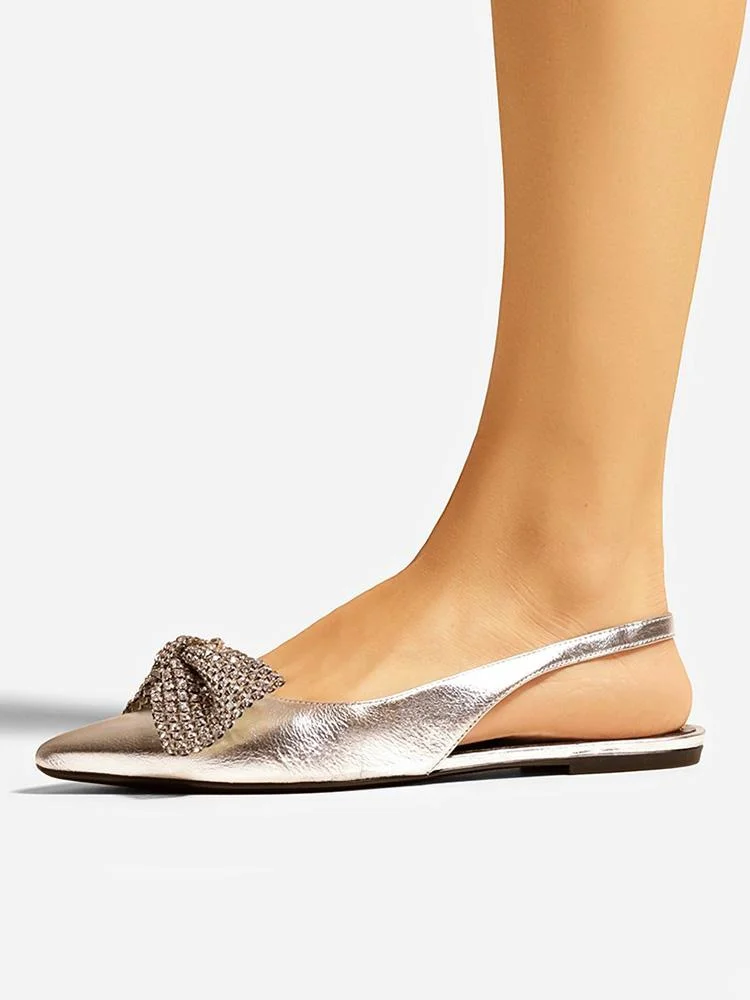 Metallic Silver Rhinestone Bow Pointed Toe Slingback Flat
