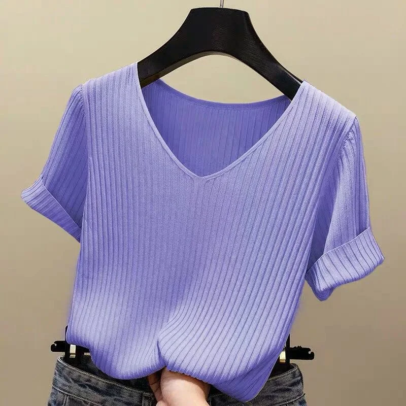 Knitted Short Sleeve Blouse Women Tops 2021 Solid Korea Summer Shirt Thin V-neck Knit Female Tee Shirt Dames Gebreid Shirt 13783