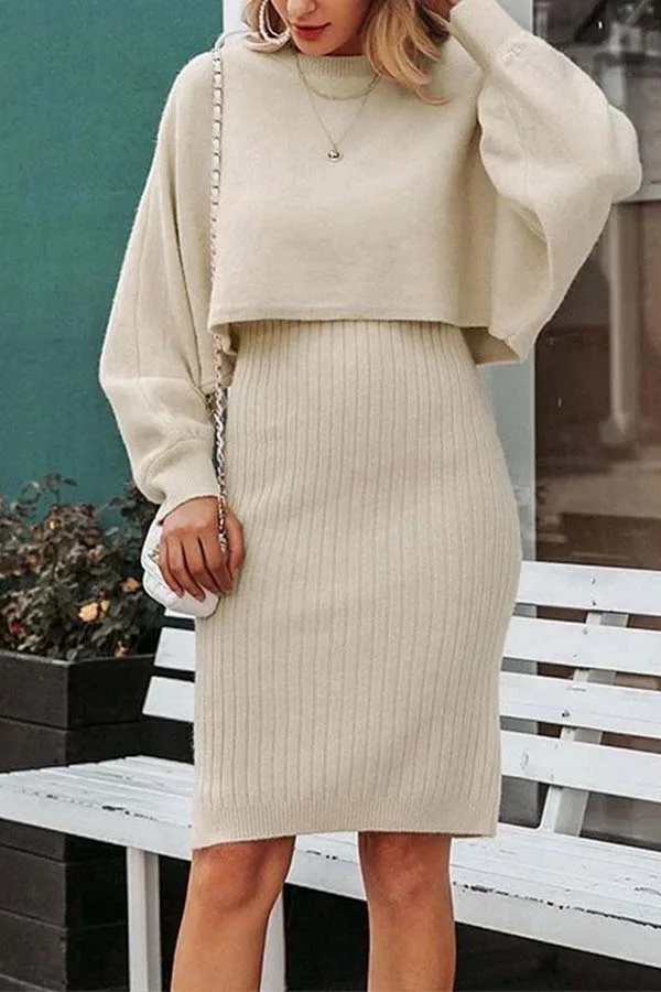Solid Color Knitted Dress Two Piece Set