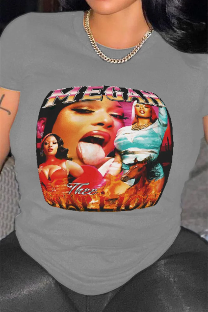 Grey Fashion Casual Print Basic O Neck T-Shirts