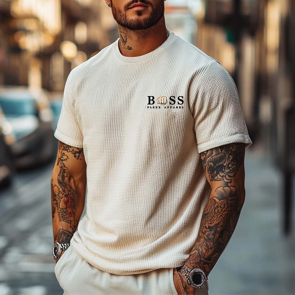 Men's Vintage Beige Waffle Knit Business Print Short Sleeve Round Neck T-Shirt