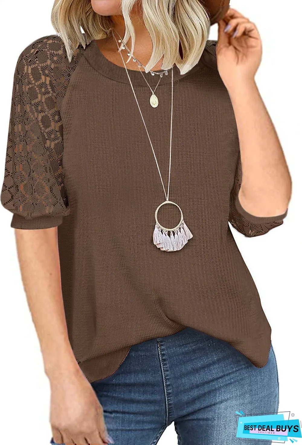 Women T-shirt Lace Stitching Pullover Round Neck Short-sleeved Top