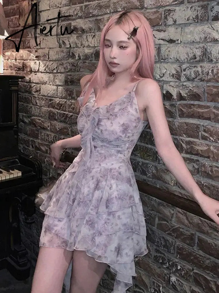 Aiertu Floral Print Korean Fashion Dress Women Ruffles Vintage Sweet Party Mini Dress Female Designer Sexy Strap Dress  Summer New Aiertu