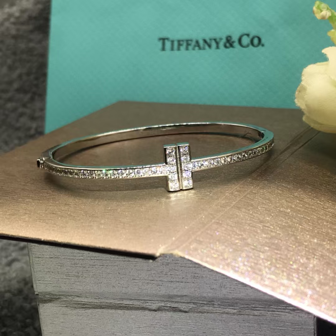 Buy replica Tiffany Full Diamond Paved Double T Bangle and replica jewelry from PICKS Jewelry