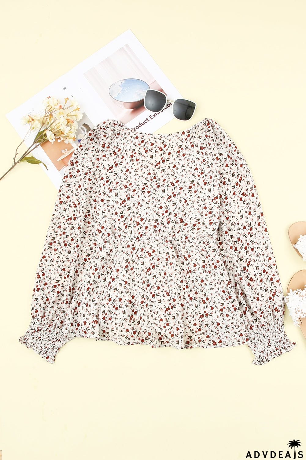 Floral Print Front Tie Ruffled Long Sleeve Blouse