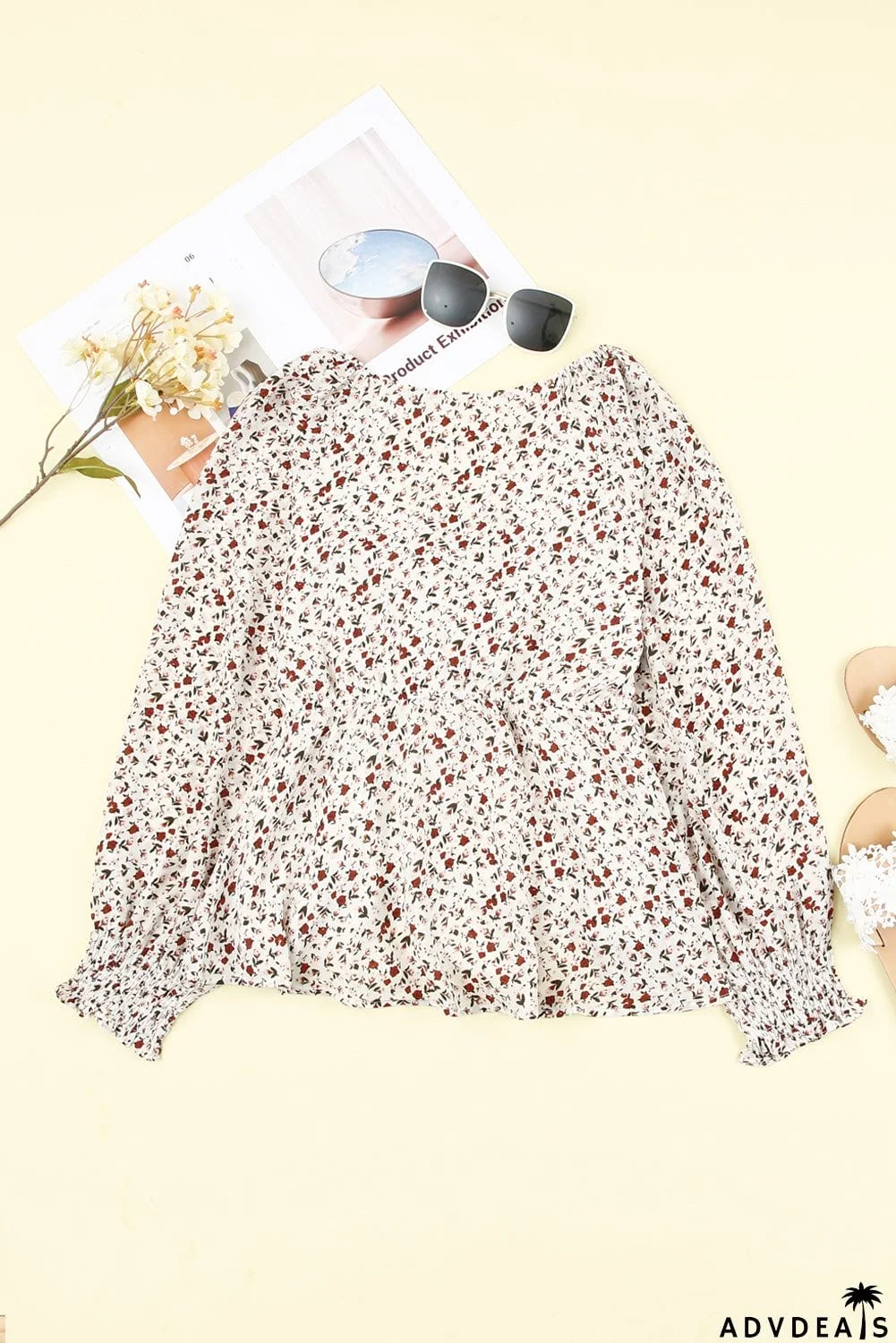 Floral Print Front Tie Ruffled Long Sleeve Blouse