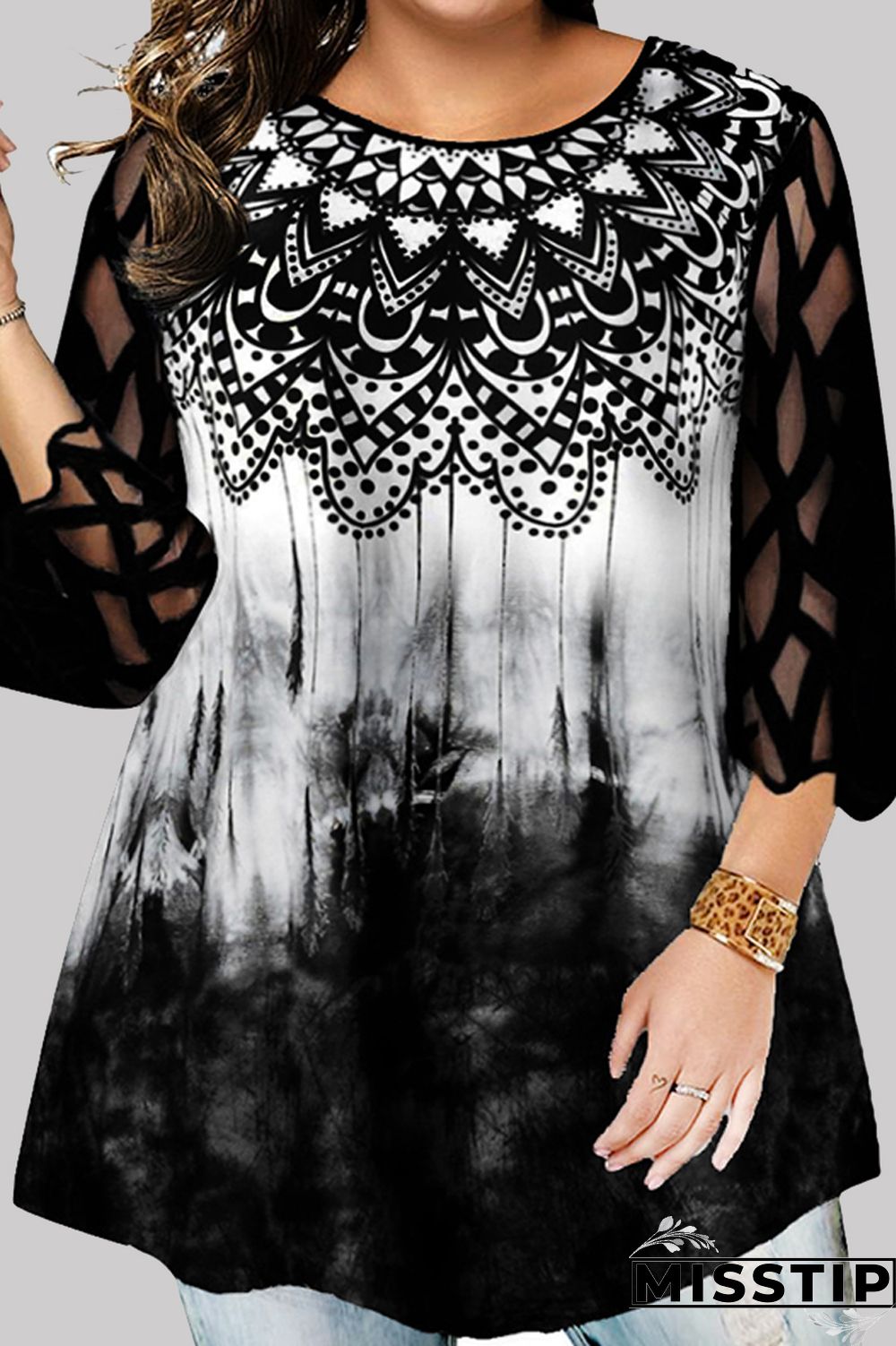 Black Casual Print Patchwork O Neck Plus Size Tops