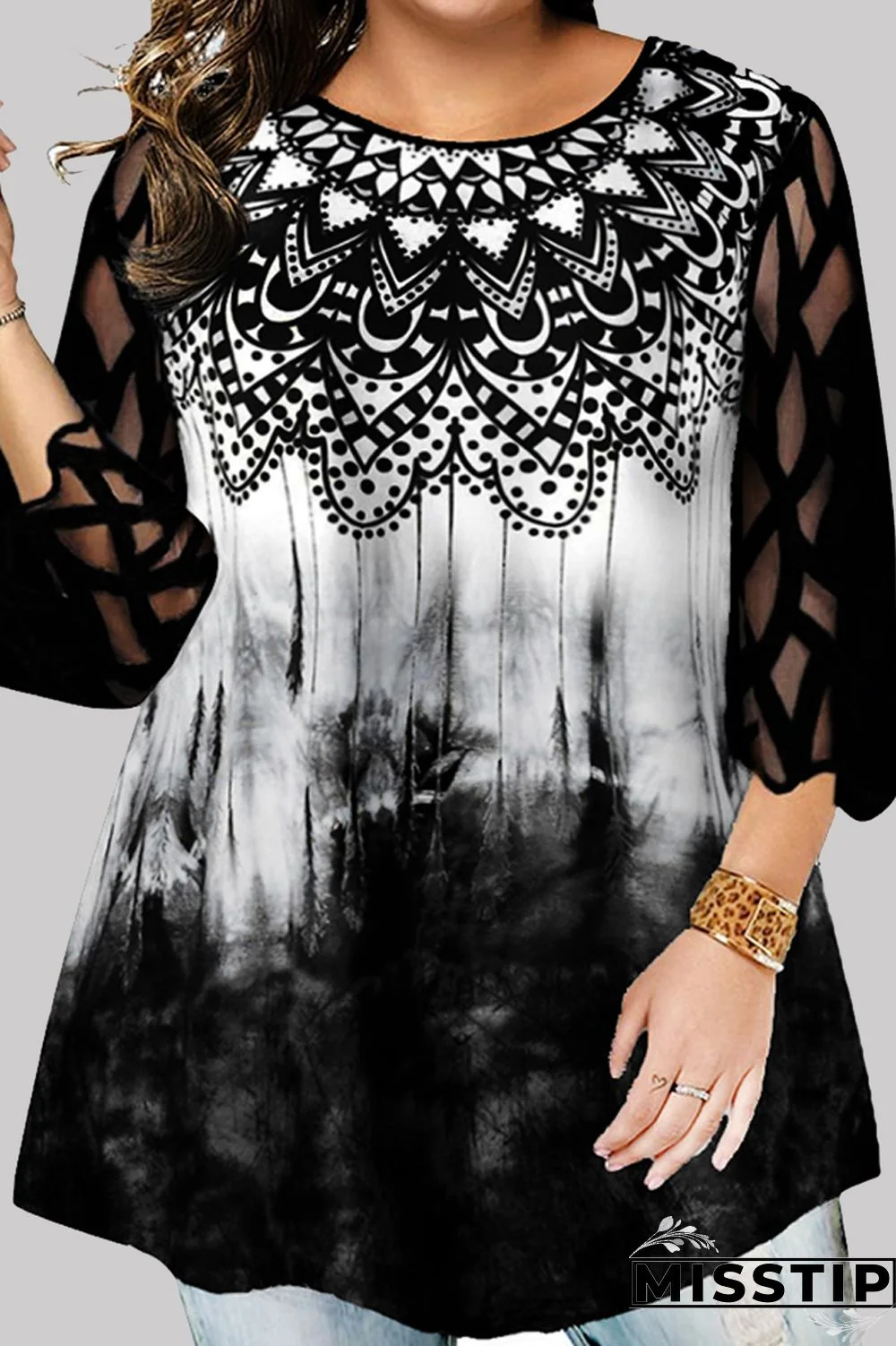 Black Casual Print Patchwork O Neck Plus Size Tops