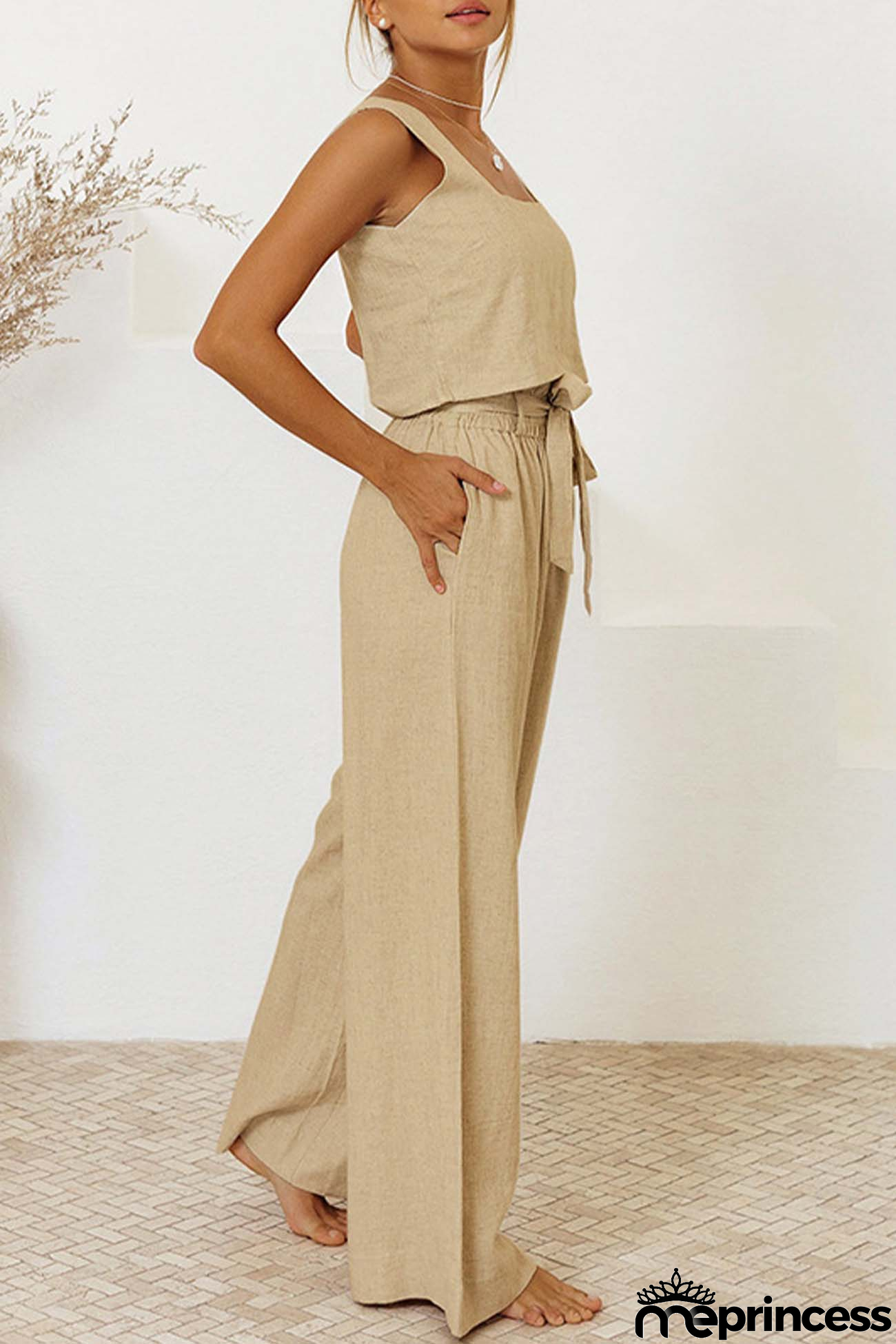 Cotton Waist-Tie Square Neck Pants Set