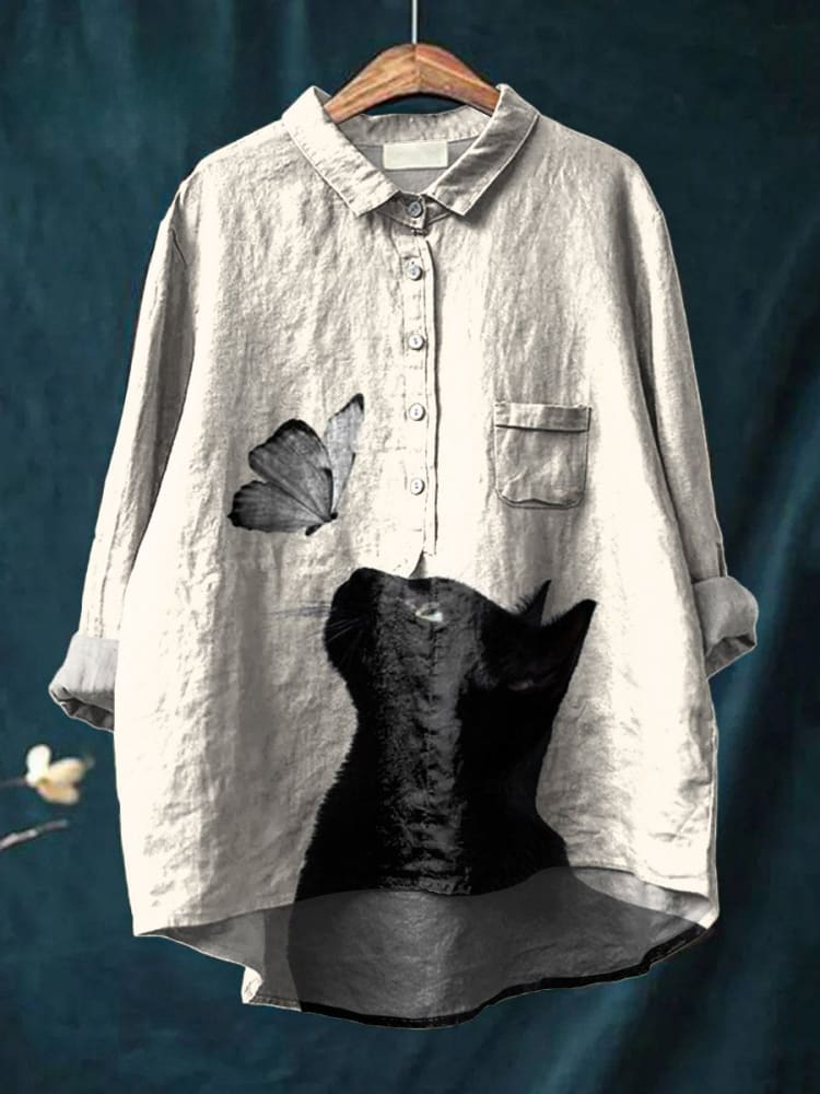 Women's Butterfly Black Cat Animal Art Print Casual Cotton And Linen Shirt