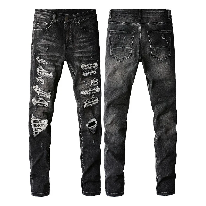 Men's High Street Jeans Slim Fit Ripped Holes and Patches Thin Pants