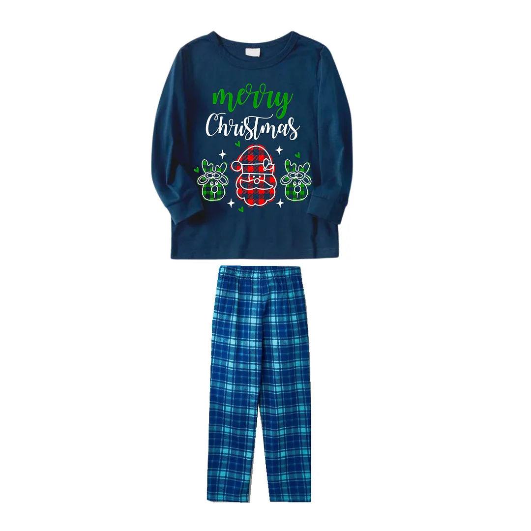 Santa Moose Cute Cartoon Pattern "Merry Christmas" Letter Prints Black Long Sleeves Top with Blue and Green Plaid Pants Family Matching Pajamas
