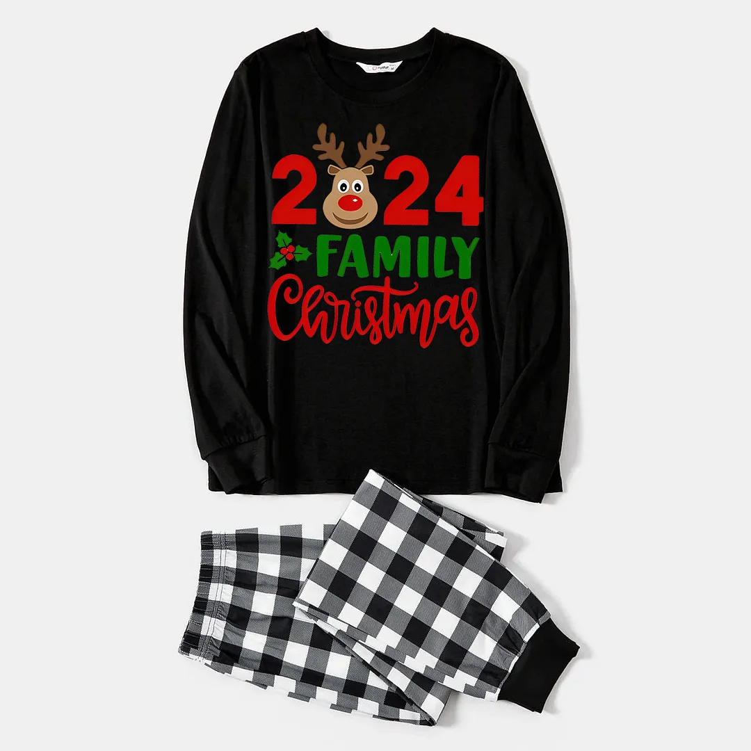 "2024 Family Christmas" Moose Letter Print Black Long Sleeve Top with Black And White Plaid Pants Family Matching Pajamas
