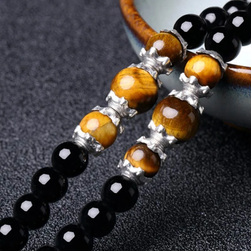 108 Beads Natural Black Obsidian Tiger Eye Mala Necklace Bracelet