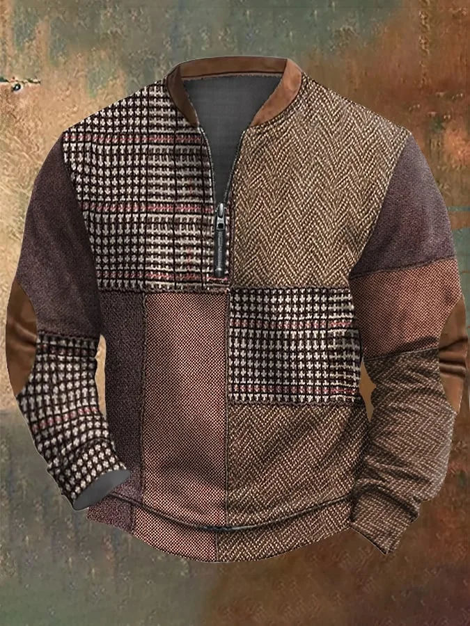 Men'S Retro Print Casual Zip Sweater