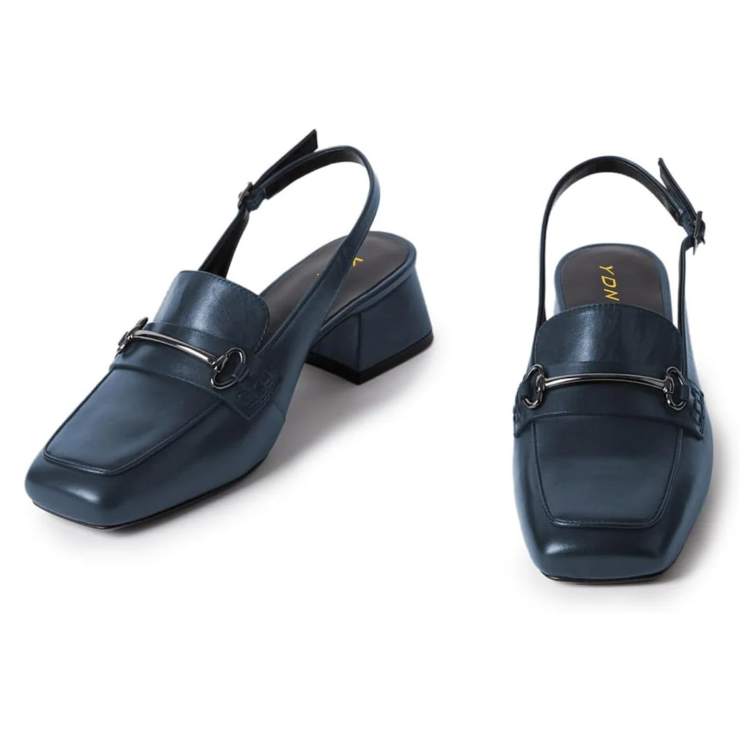 Navy Square Toe Slingback Chunky Heeled Loafers with Horse Bit
