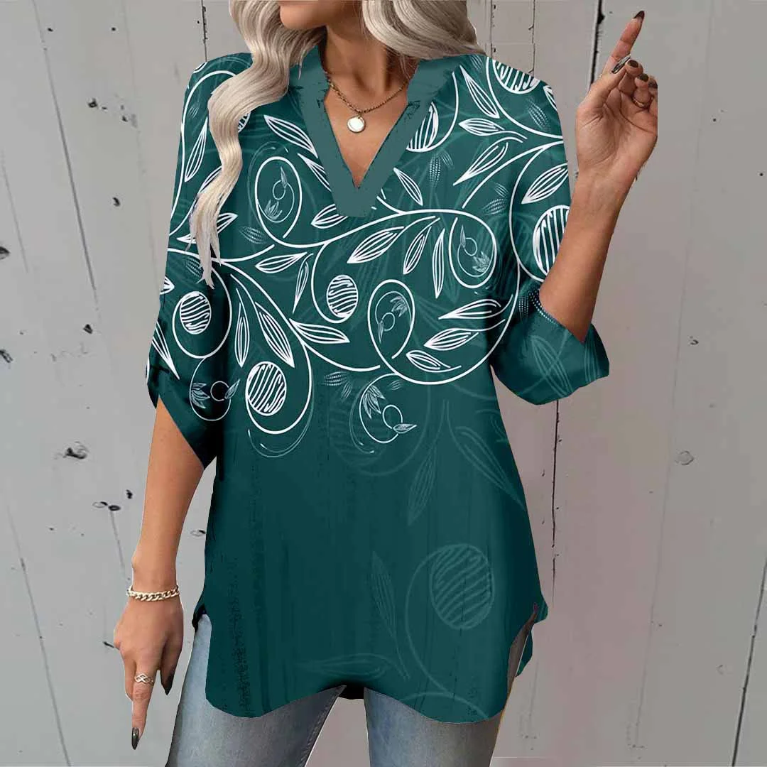 Women Foliage, Dark Green, White DZGA0446 3/4 Sleeve V-neck Printed Graphic Button Tops
