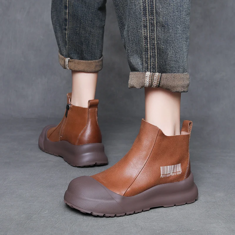 Yyvonne Layer Calfskin Retro Coloring Short Boots Women Autumn And Winter New Leisure Fashion Thick Bottom Increase High Help Boots